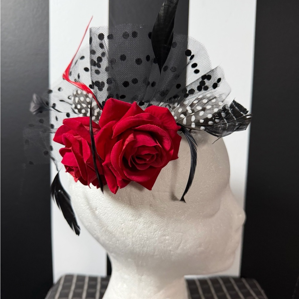 Red Rose & Black Polka-Dot Mesh w/ Feathers Fascinator Pinup Hair Clip
